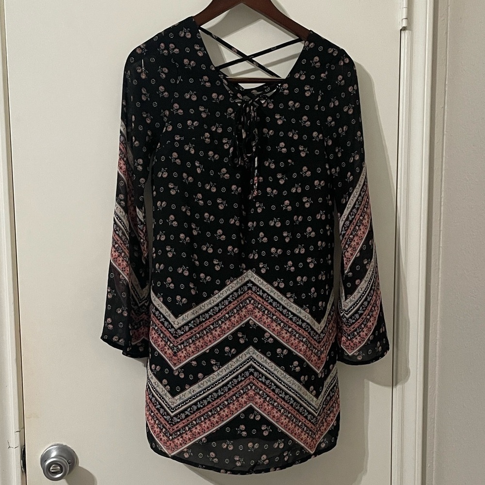 Xhilaration Black Dress with Pink and White Floral Print Size XS